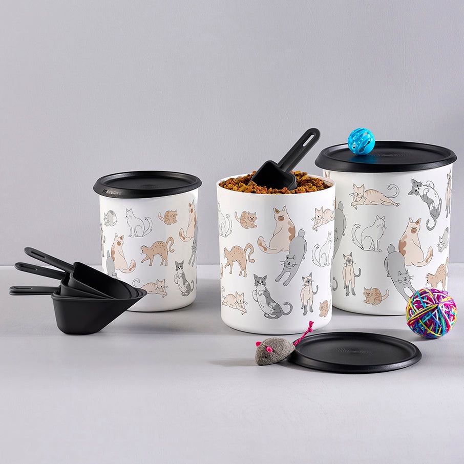 Dry Storage Tupperware Tupperpets One Touch Canister & Scoop Set/Cozy Cats Black / White | WSDUM-4103